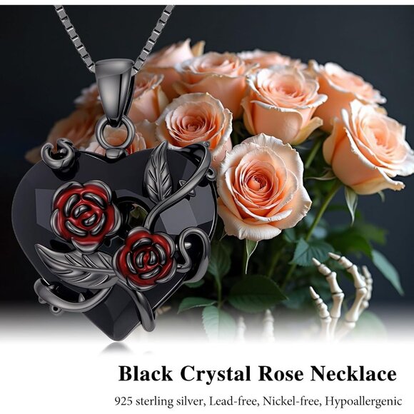 Gothic Black Rose Necklace for Women Men Sterling Silver with Crystals - Picture 7 of 7